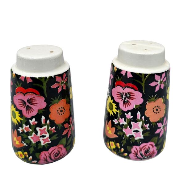 VTG NapcoWare Salt Pepper Shaker Set Pink Black Moody Mod Floral C-7681 Japan - Picture 1 of 8
